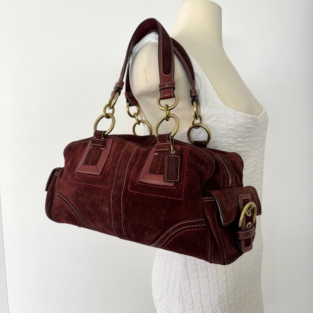 Coach Suede Vintage Mia Soho Satchel Bag with Leather Trim Red Burgundy F10061 - Picture 2 of 16